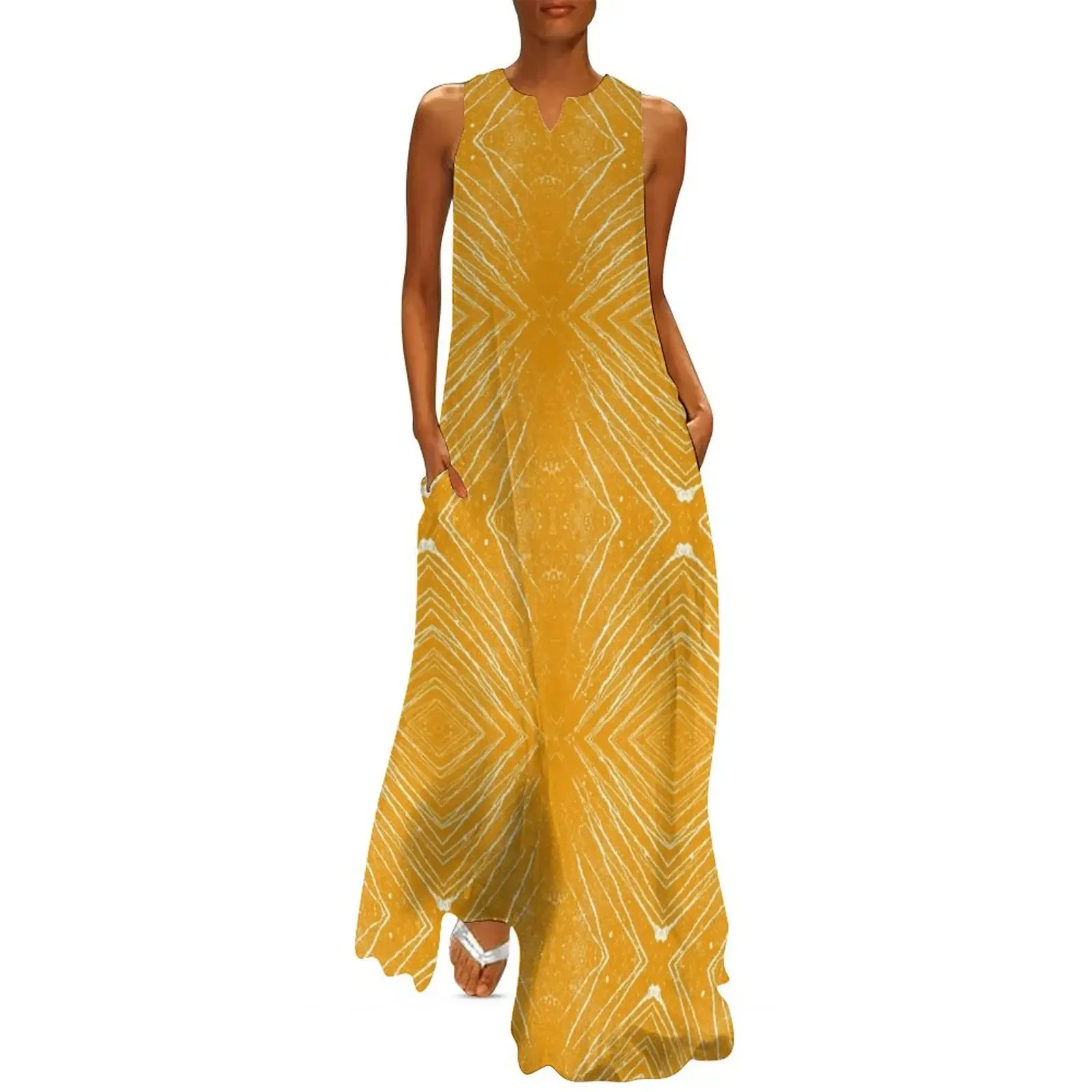 

Mustard Yellow Lines Paint Splashes Abstract Pattern Long Dress Women's summer long dress Dress