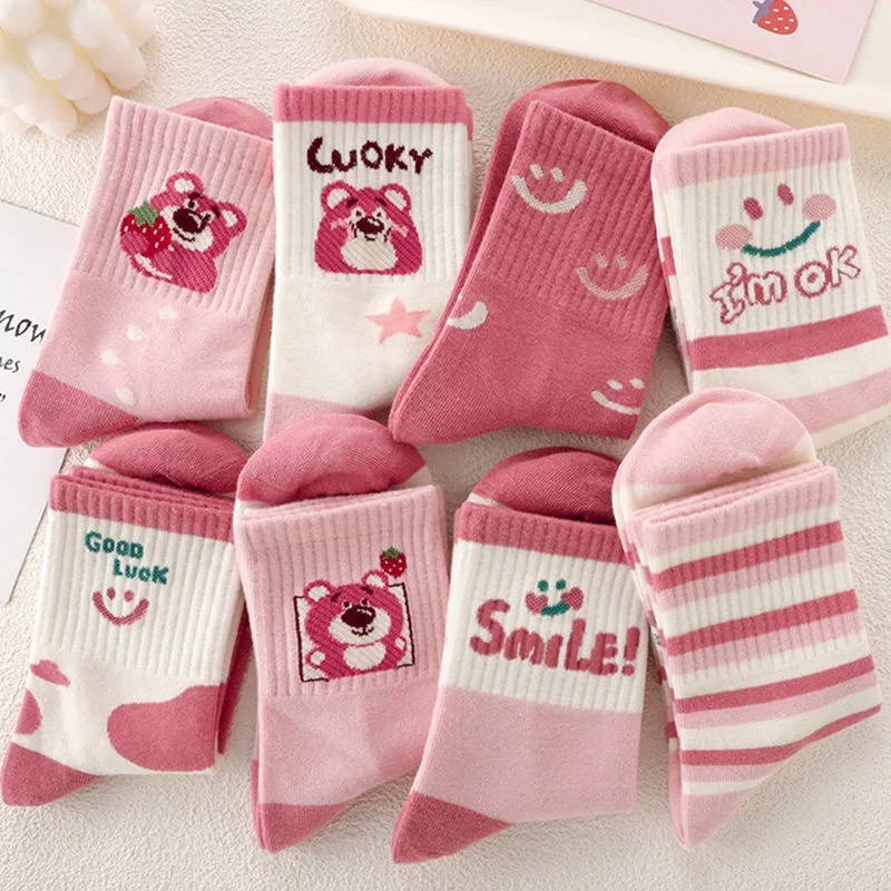 Kawaii Cute Disney Lotso Mid-Tube Socks Pink Combed Cotton Socks Candy Color Breathable Comfortable Ins Christmas Gift For Girls