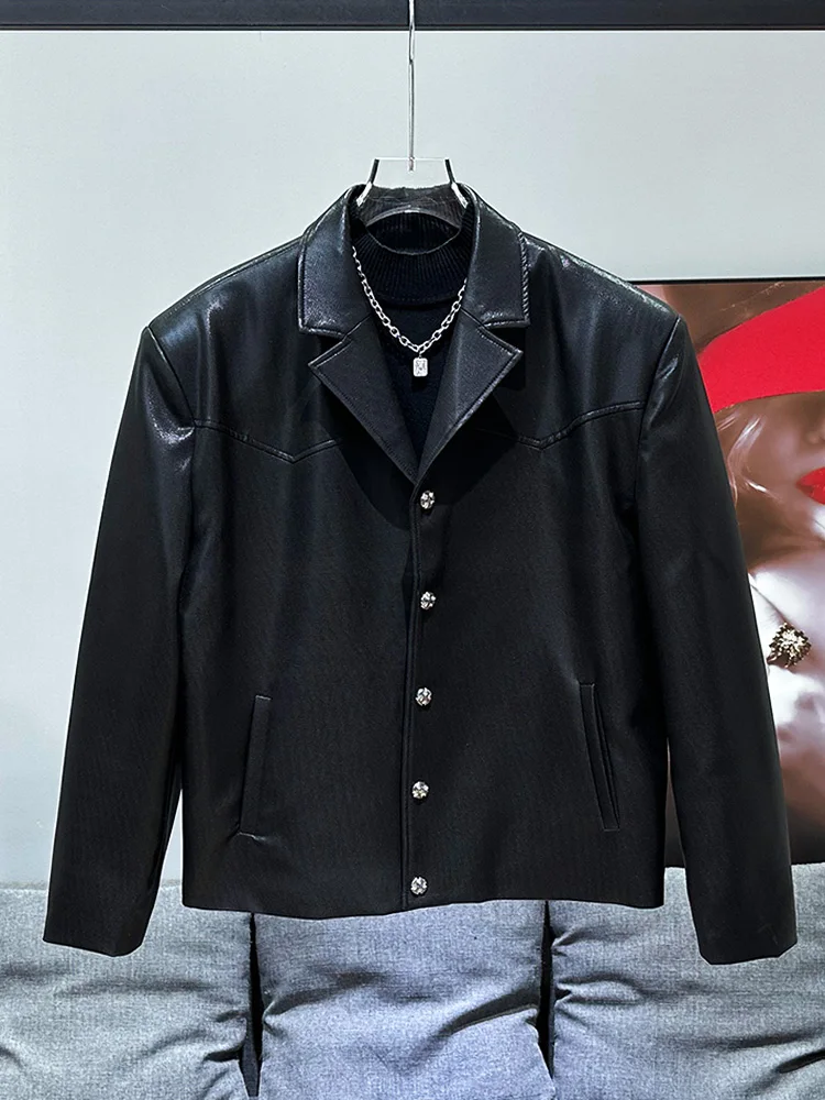 

Casual Loose Trendy Men's Metal Bule Jaet Autumn New Sle Faionable Korean Version Suit Coat Long Sve Regular Length