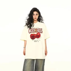 Pure Cotton Summer American T Shirt Retro Cherry Print Half Sleeved Loose Short Sleeved Simple Top dla mężczyzn i kobiet Par Y2k