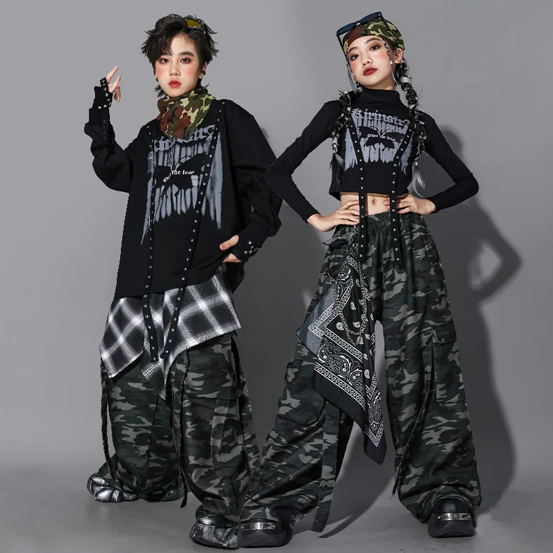 Kpop Cool Jazz Dance Kleidung Mädchen Schwarz Tops Lange Ärmel Camouflage Hosen Jungen Hip Hop Wettbewerb Kleidung Bühne Tragen BL17096