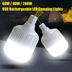 60W 80W 200W LED Camping Lights USB Rechargeable Portable Lanterns Outdoor Emergency BBQ Tents Lighting Lamp Bulb with Hook