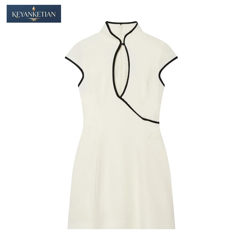KEYANKETIAN 2026 Modern Cheongsam Mini Dress Slim Fit Front Opening Decoration Black White Contrasting Color Short-Sleeved Dress