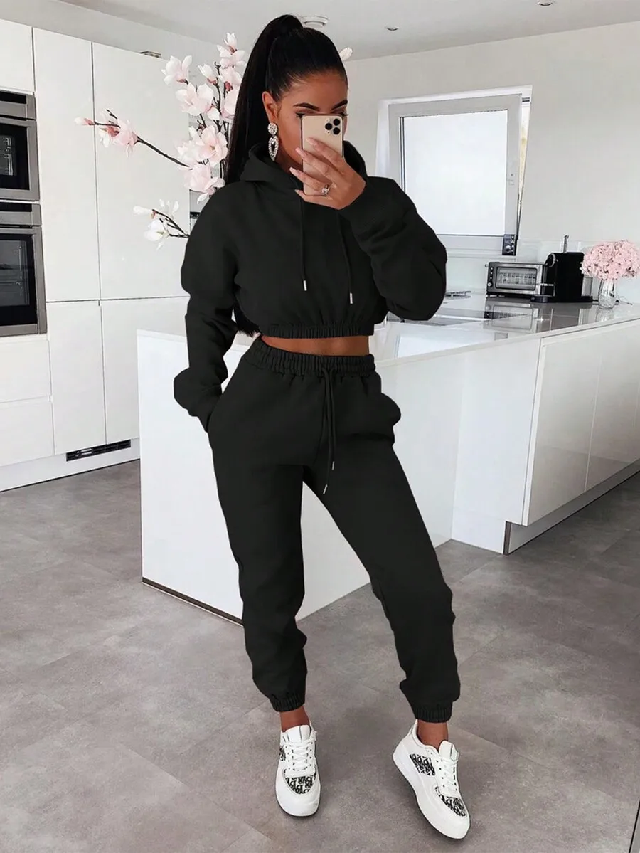 

Womens Casual Solid Color Cropped Hoodie And Jogger Pants Tracksuit Set Autumn Winter