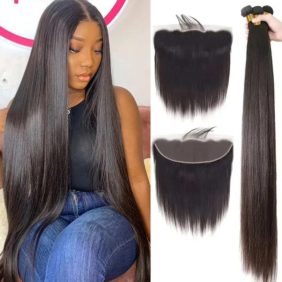 

Brazilian Bone Straight 3 Bundles With Frontal 13x4 Transparent Lace Frontal Human Hair Extensions 28 30 32 Inch For Women