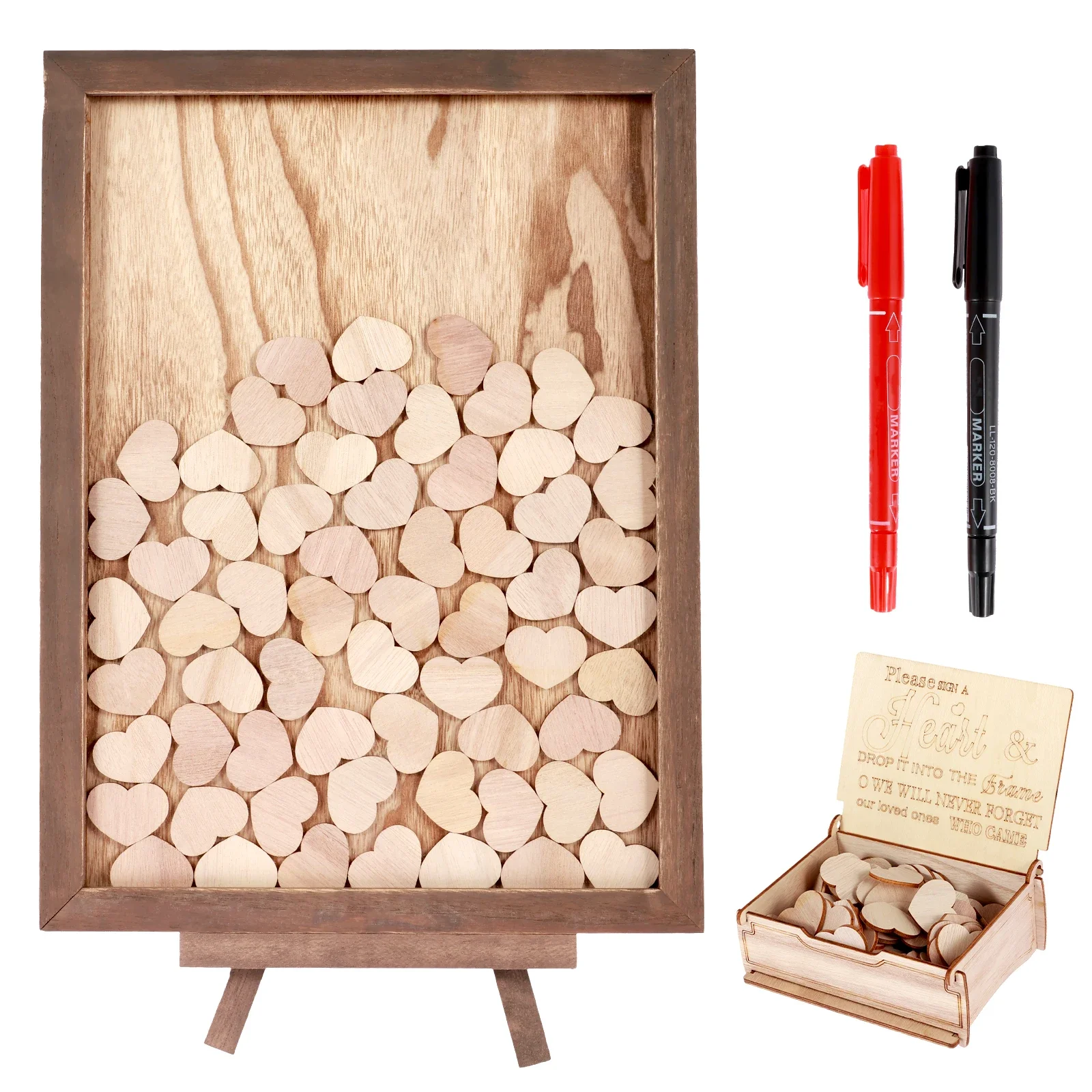 Wedding Guest Book Wooden Guest Sign in Book with 100pcs Hearts Shape Wooden Chips Storage Box Pens Wood Frame Drop Box