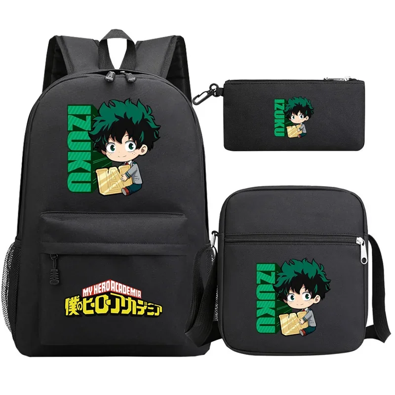 My Hero Academia Bolsa escolar para meninos e meninas, mochila Deku, bolsa de ombro MHA bonito, estojo de lápis, 3 peças por conjunto