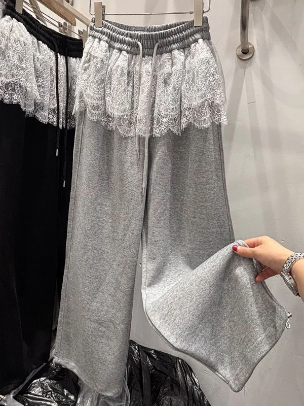 

plus Size 300 Pounds Lace Trim Splicing Wide Leg Pants Women's Spring Autumn Loose Slimming Casual Straight Leg Sweatpants