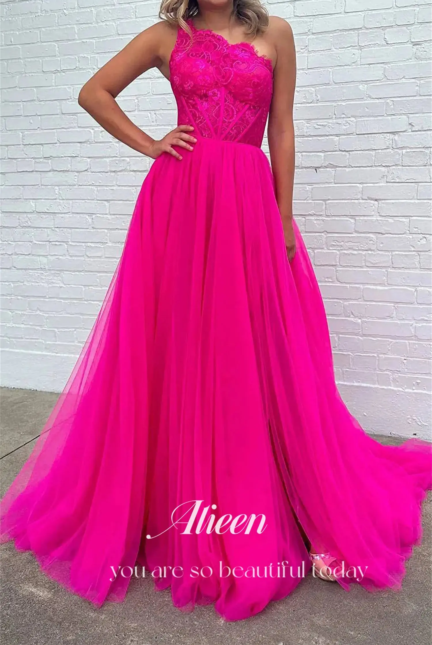 Vestidos de renda Aileen-A-Line para ocasiões formais, rosa vermelha, um ombro, festa de casamento, baile de formatura, luxo