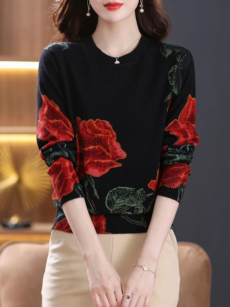 

Floral Print Sweaters Autumn Winter Soft O Neck Knit Pullover Pulls Femme Korean Fashion Casual Jumper Long Sleeve Women Sweater