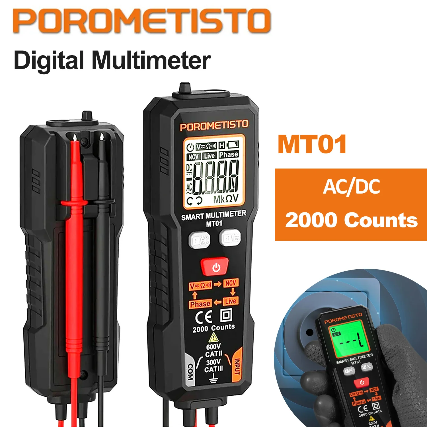 POROMETISTO MT01 Multimetr cyfrowy Profesjonalny miernik napięcia 2000 zliczeń AC/DC True RMS NCV Automatyczny zakres 600 V Tester dla elektryków