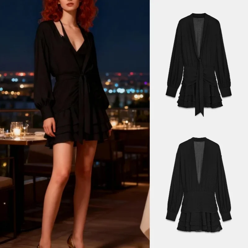 Sexy drapeado em camadas decorativo vestido curto popular na moda mini vestido feminino para festas e ocasiões especiais