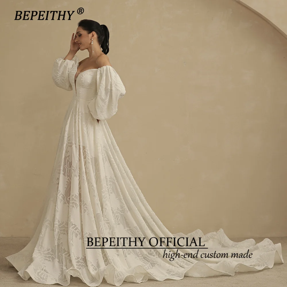 BEPEITHY-Vestidos de Novia de encaje con bolsillos para mujer, de manga larga abullonada traje Sexy, estilo bohemio, 2022