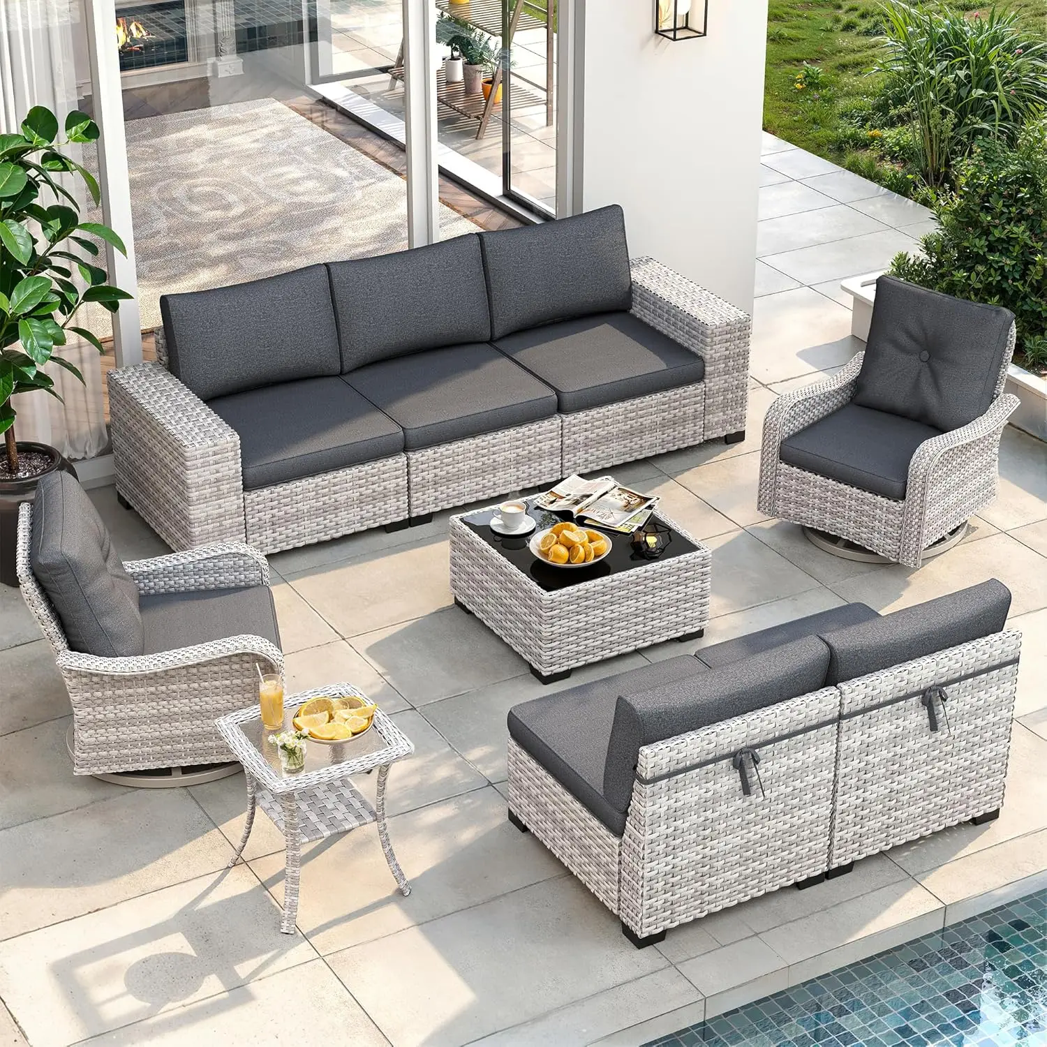 

9 Piece Outdoor Wicker Sectional Sofa Set With Swivel Chairs, 7-Seats Conversation Set With 4" Thickened, Customized