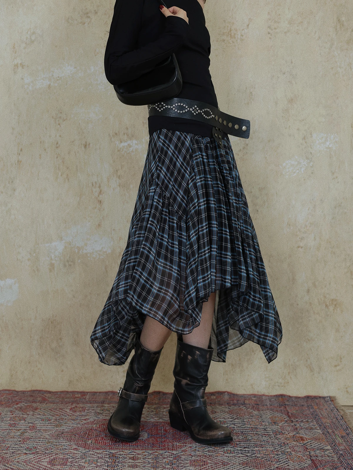 

Винтажная клетчатая юбка-миди DR в стиле пэчворк, женская, А-силуэт, легкая, асимметричная, с завышенной талией