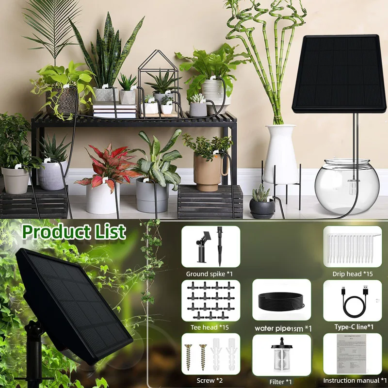 Solar Automatic Flower Waterer 15 Meters Photovoltaic Charging Gardening Intelligent Hydroponic Irrigation System