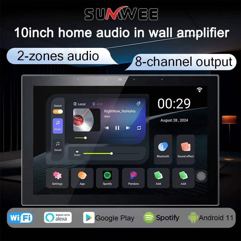 10 inch Full screen smart home sound in wall amplifier 2 zones audio 4 zones sound effect regulate music panle RJ45 HDMI HD port