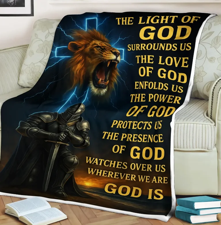 Christian Lion Cross Blanket Armor of God Religious Gift for Men Knight Faith Poster Bible Verse Wall Decor Spiritual Strength