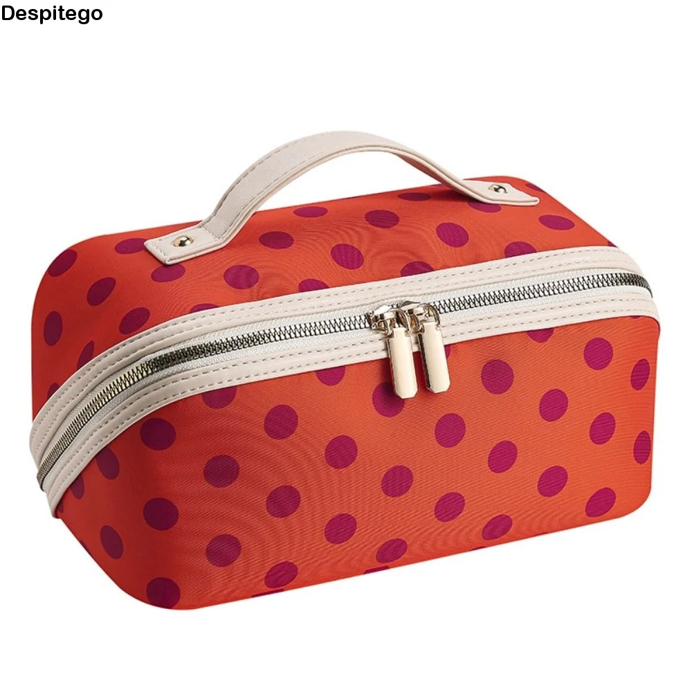 Vintage Women's Cosmetic Bag Zipper Lightweight Travel Cosmetic Case Polka Dot/Striped Large Capacity Women's Toiletry Organizer