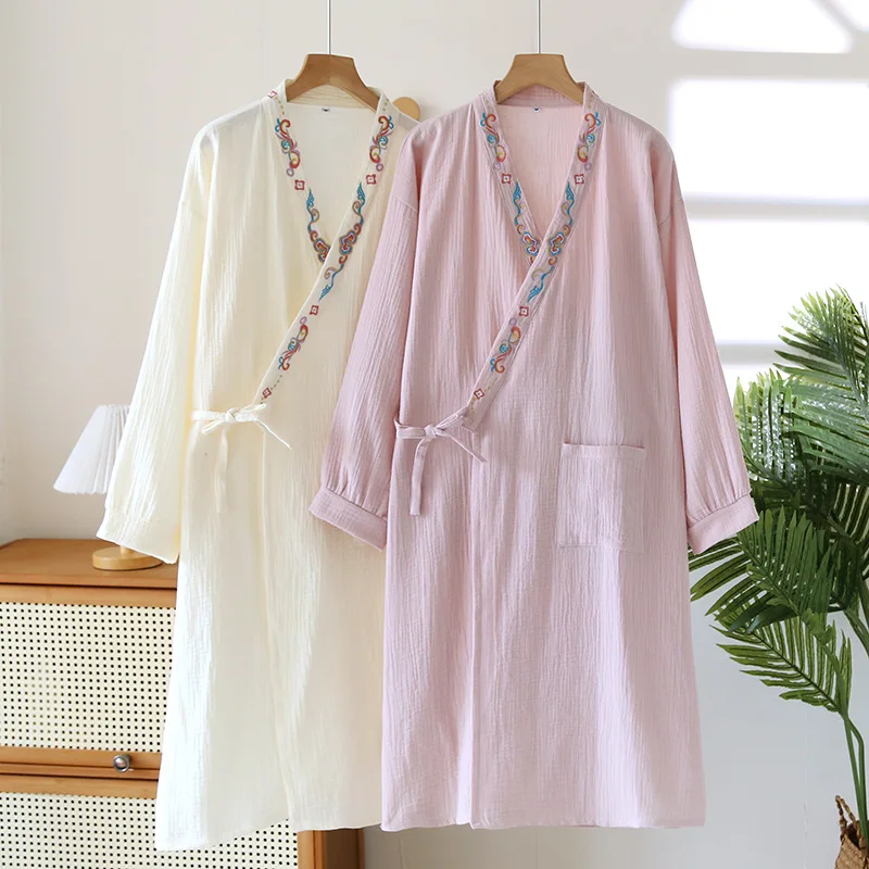 

Japanese Kimono Nightgown Women 100% Cotton Gauze Bathrobe Pajamas Spring Summer Thin Yukata Embroidery Antique Hanfu Sleepwear