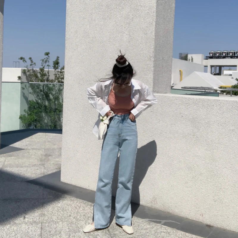 

Джинсы-палаццо с разрезом для стройности, универсальные прямые брюки для молодых женщин в зрелом возрасте