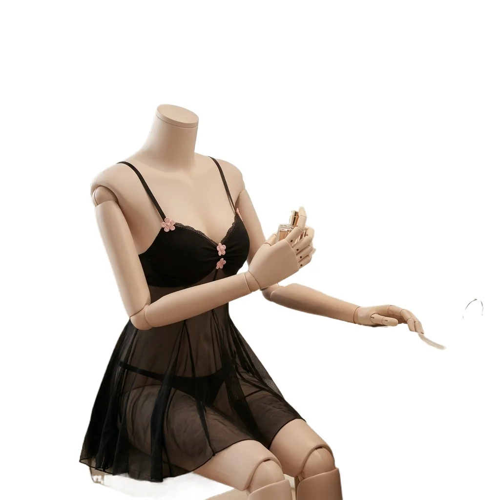 Sweet Pink Rose Deep V Temptation Babydoll Sleeveless Nighty Women Nightgown Soft Transparent Intimate Lingerie Dress