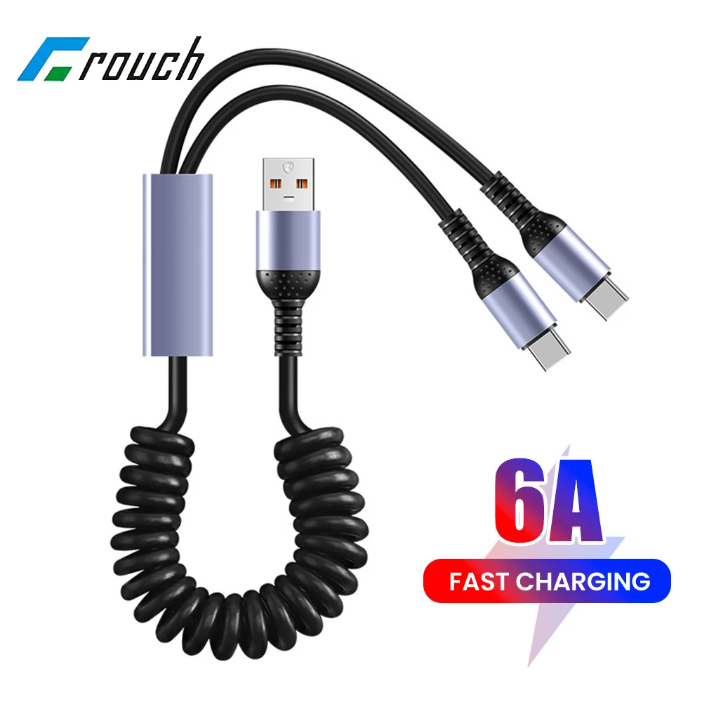 2-in-1 6A Spring Data Cable Retractable USB A To Type C/Micro Fast Charging Cable For Samsung Xiaomi Huawei USB C Cable 1.8m