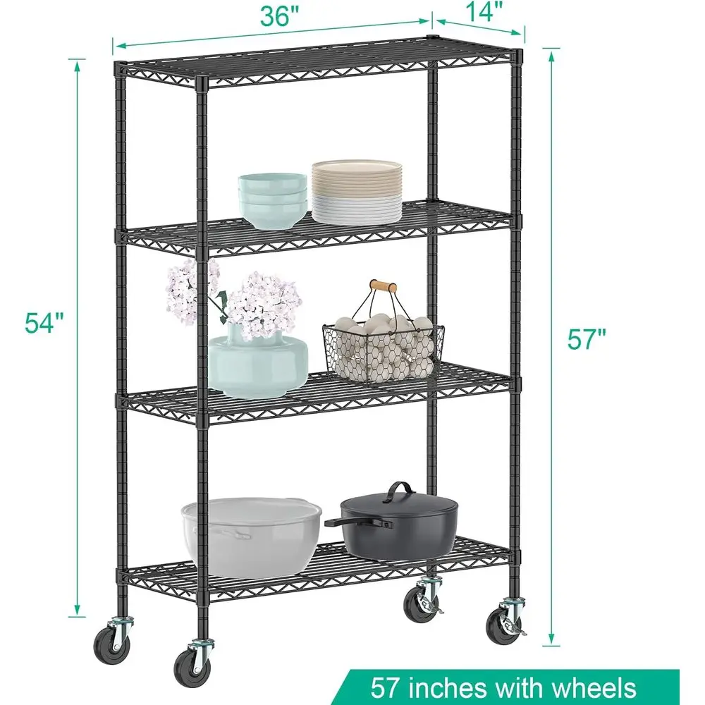 Prateleira de armazenamento de metal ajustável de 4 camadas com rodas, preta, 14D x 36W x 57H para cozinha, garagem, despensa, escritório