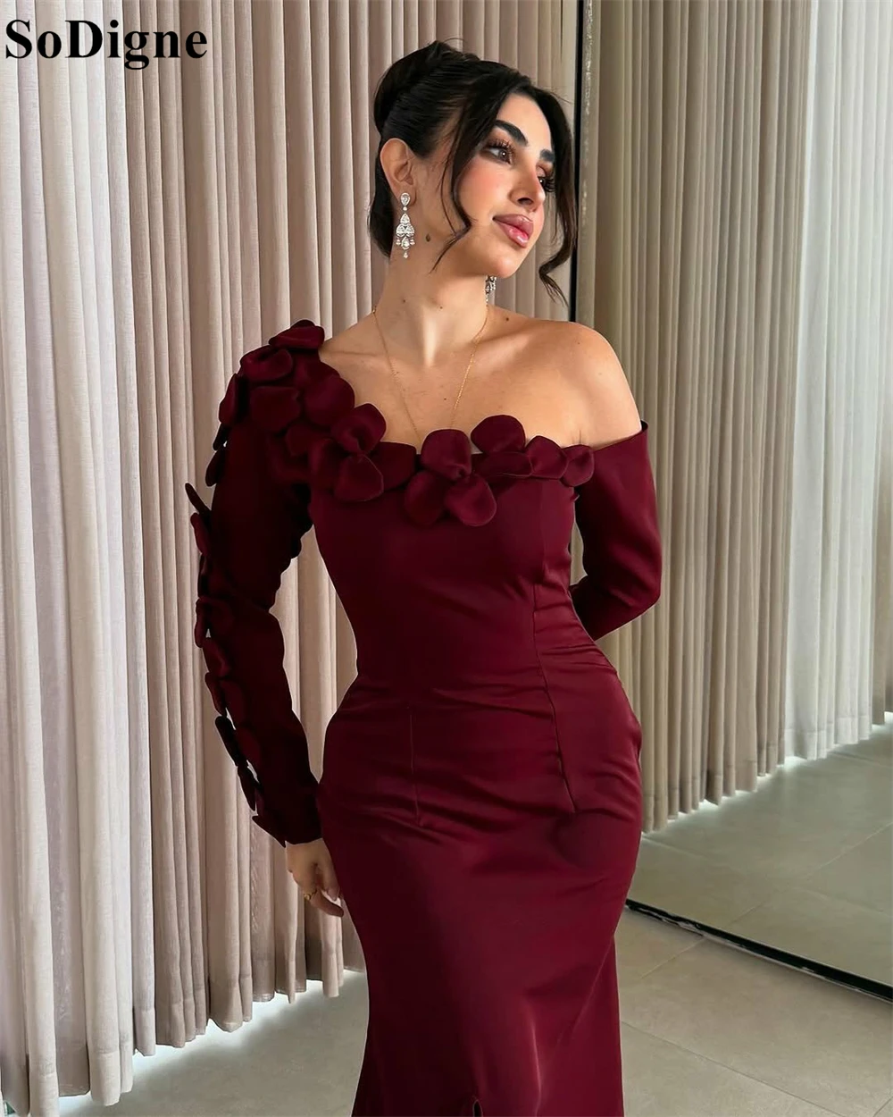 SoDigne 2025 Burgundy Satin Evening Dresses Mermaid Off Shoulder Prom Gowns Flowers Ruffles Draped Party Guest Dress Customized image 2