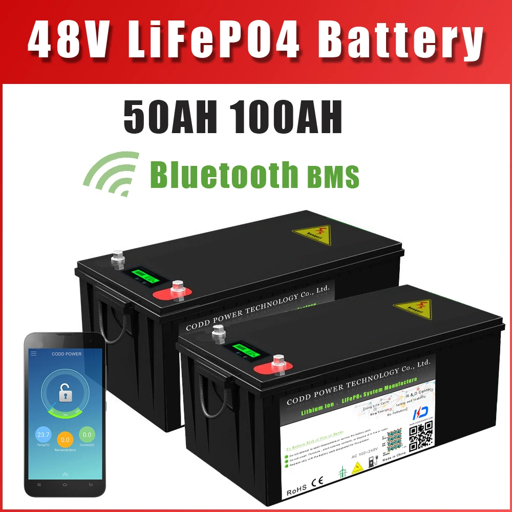 48V 50AH 100AH LiFePO4 Battery Bluetooth BMS 6000 Cycles Solar Energy Storage RV Campers Off-Road Off-grid Golf Cart