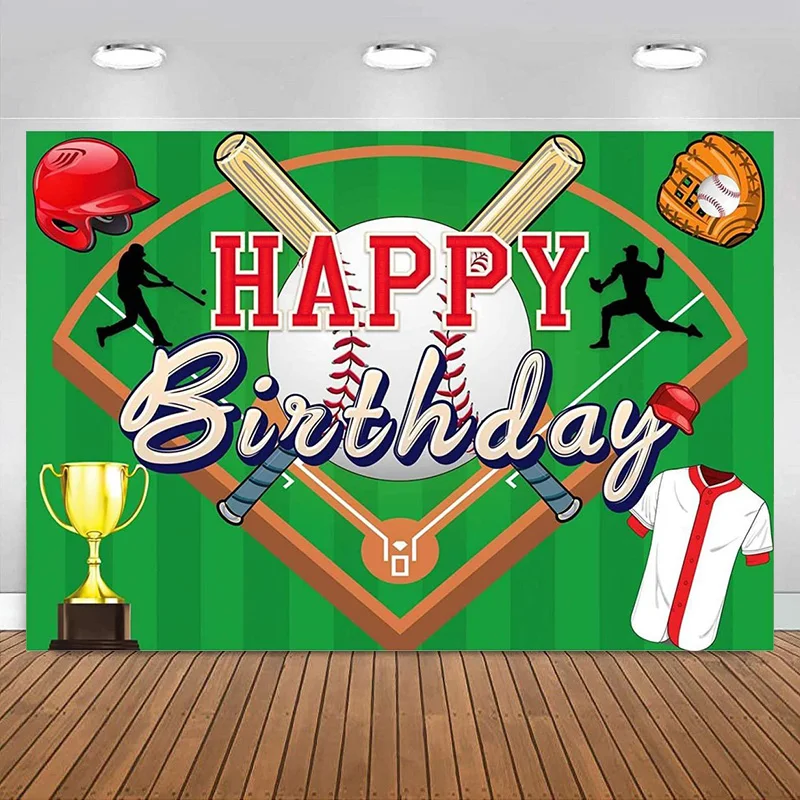 Happy Birthday Backdrop for Boys Kids Sports Decoration Baseball Field Stadium Green Grass Banner Props Photography Background