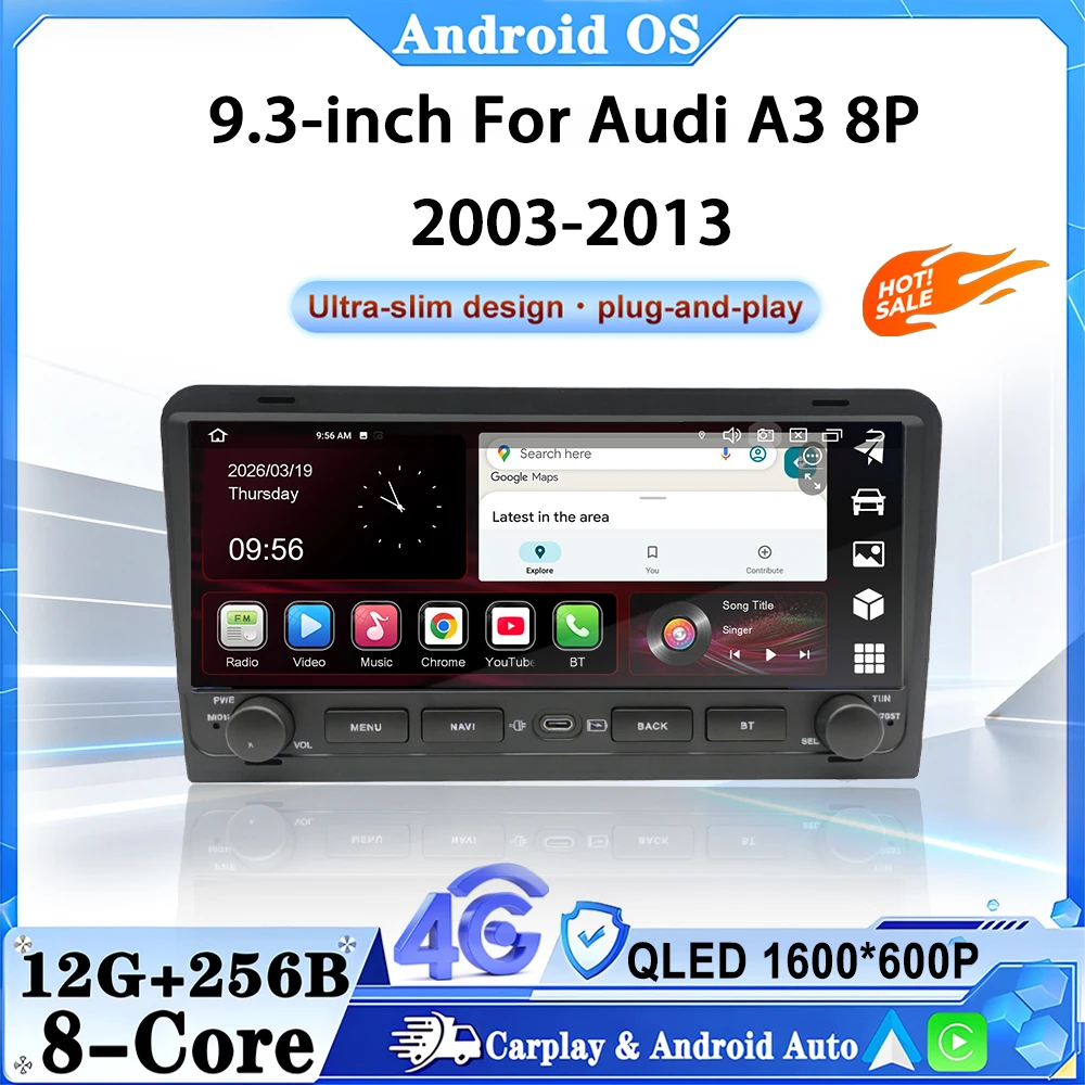 9.3” For Audi A3 8P 2003-2013 4G+WIFI Car Multimedia Player Android16 GPS Navigation Auto Tools DSP Stereo CarPlay QLED Screen