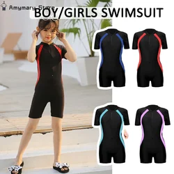 Bañador de una pieza para niño y niña, traje de buceo con cremallera, protector solar, pantalones cortos de manga corta a juego de colores, novedad