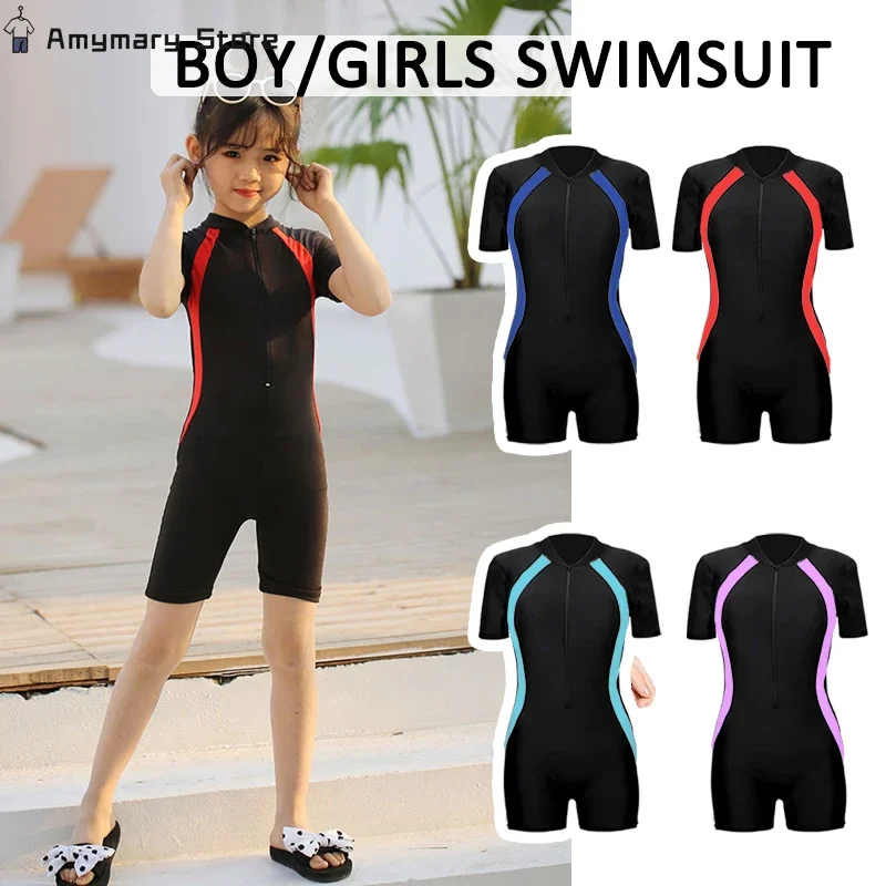 New Children's One-piece Swimsuit Boy Girl Sunscreen Zipper Diving Suit Color Matching Short Sleeve Shorts One-piece Swimsuit