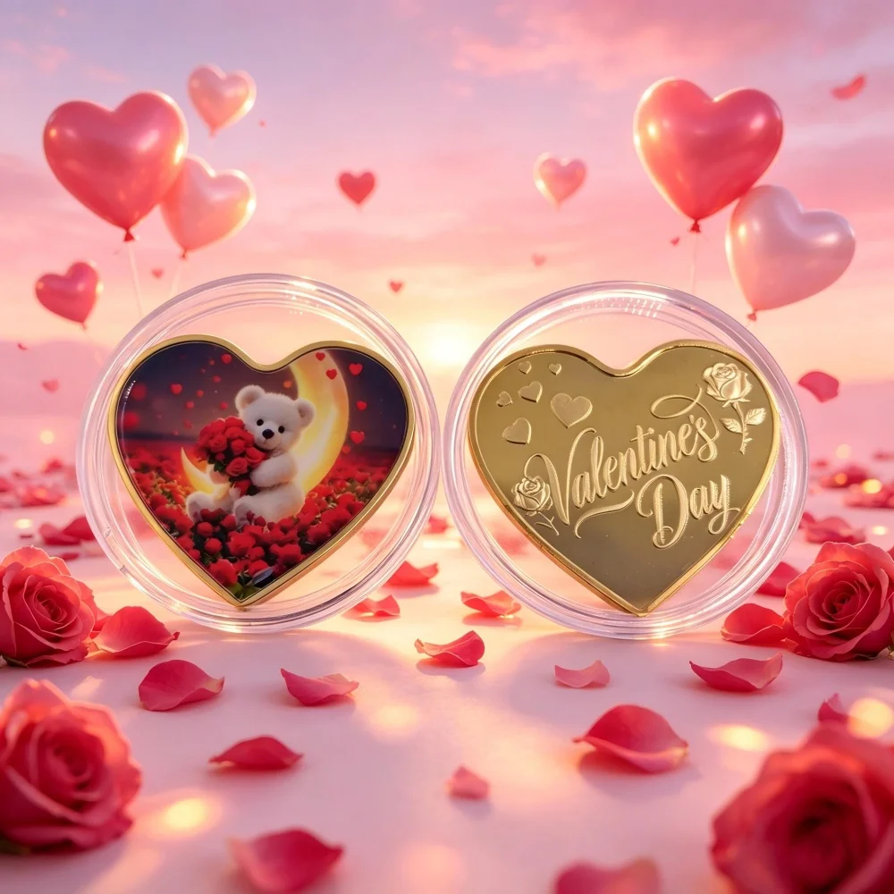 Gold Plated Heart Shaped Valentine Coin Teddy Bear with Roses Color Printed Love Keepsake Gift Valentine's Day Gift
