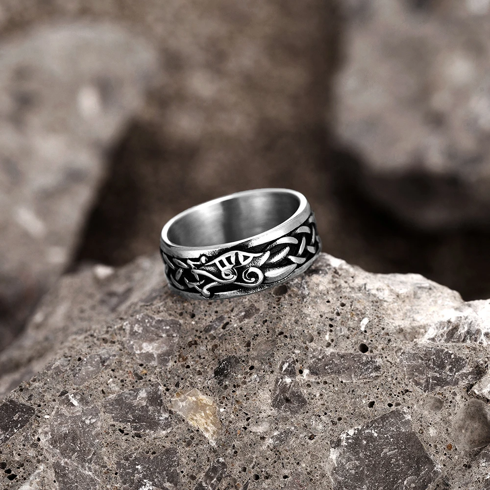 Never Fade Viking Jormungand Rings Men Stainless Steel Norse Mythology Midgard Serpent Rune Finger Ring Amulet Male Jewelry Gift