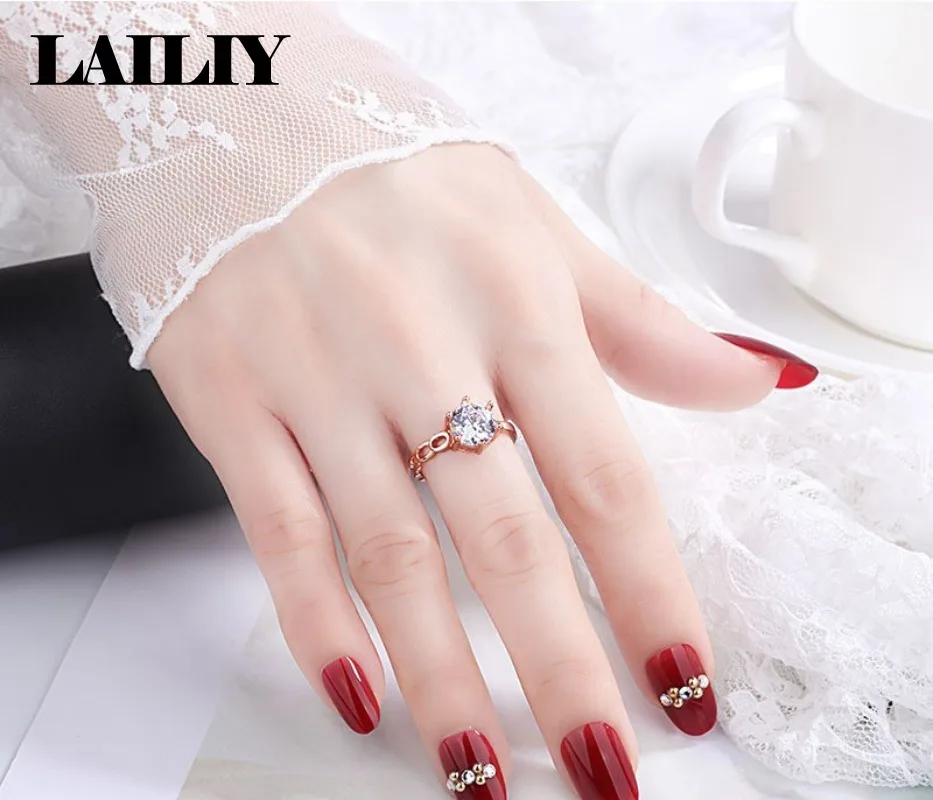 LAILIY 925 Sterling Silver Rose Gold New Wedding Gift Diamond Six Prong 1Ct Opening Adjustable Ring for Women Fashion Jewelry - view 5