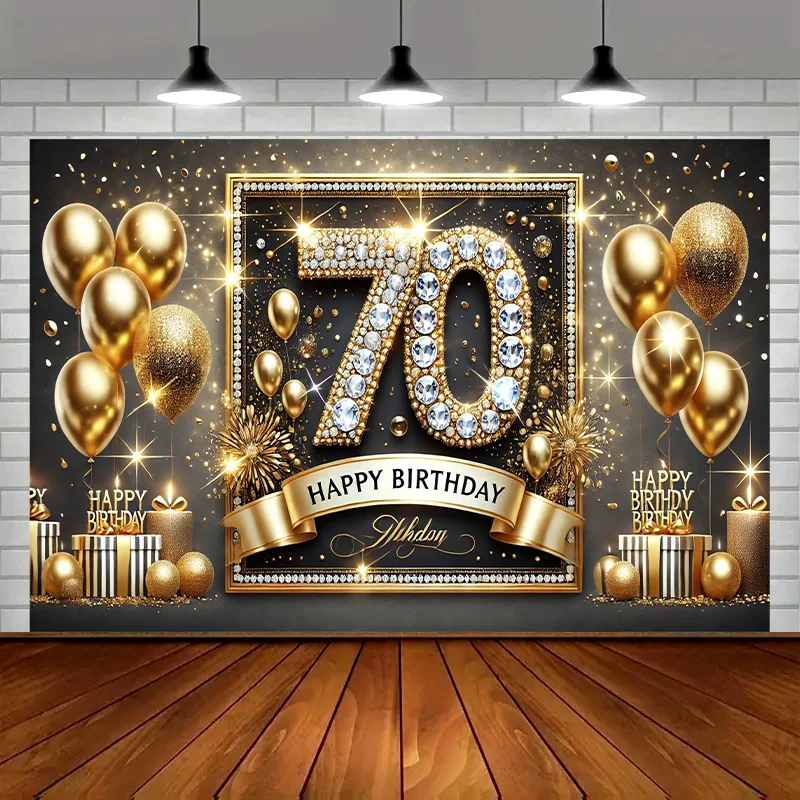 Ein luxuriöses Polyester-Banner zum 70. Geburtstag in Gold und Schwarz – mit Luftballons, Konfetti und einem Happy Birthday-Design