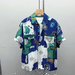 Camisas de manga corta para novio, camisas cómodas ajustadas con estampado de bolsillo y botones, cuello cuadrado de retales, moda de verano, novedad de 2024