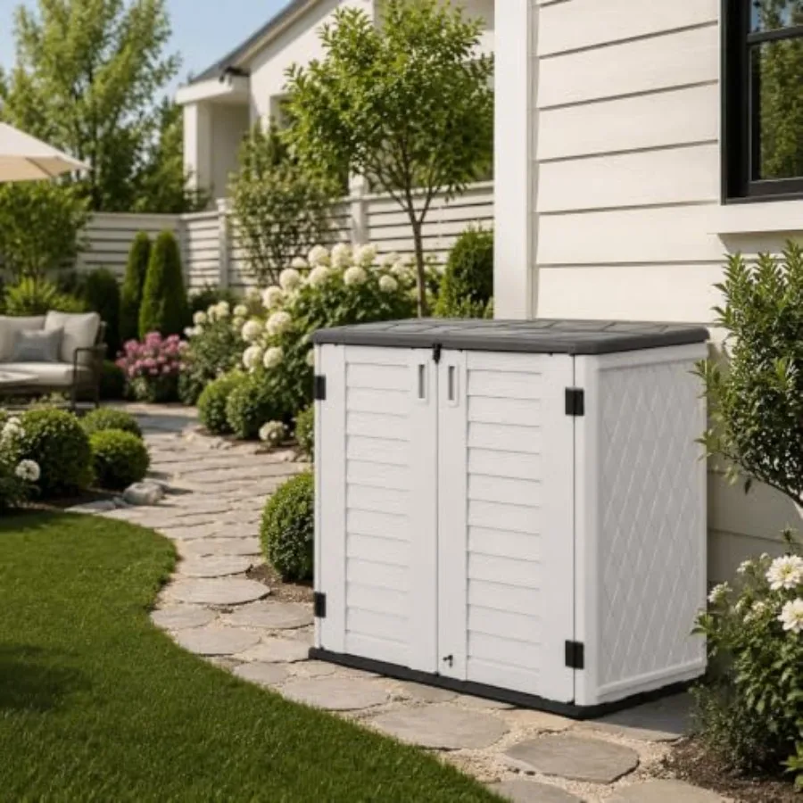 Outdoor Storage Cabinet, Horizontal Resin Storage Shed Weatherproof, Gray, Lockable for Garden and Patio Use