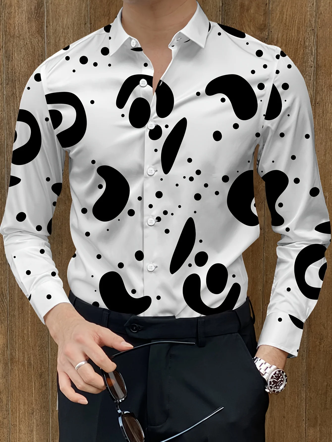 Men's Stylish Leopard Print Long Sleeve Shirt - Casual & Trendy, Polyester,  Perfect for Spring/Fall