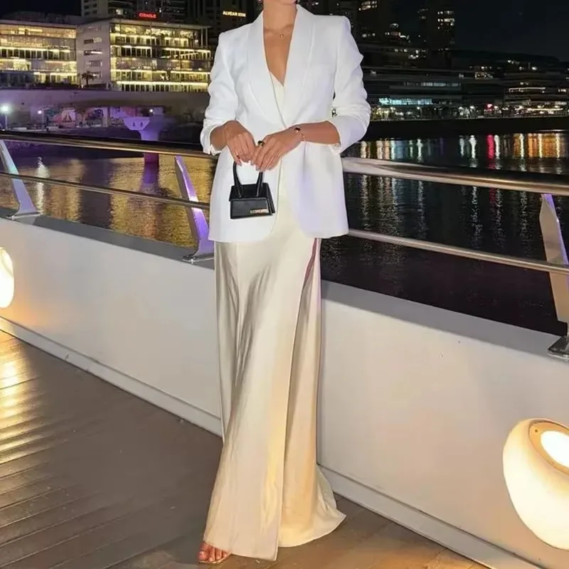 

BAMBOOBOY Long Sleeve Women Elegant White Blazer 2024 Autumn Lady Business Wear Single Breasted Turn-Down Collar Suit Jacket
