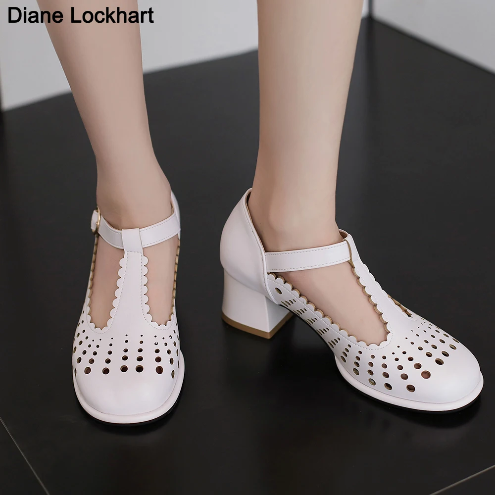 Casual T-Strap Mary Janes Shoes Women 2023 Round Toe Hollow Out High Heels Pumps Woman 5CM Thick Heel Breathable Mesh Shoes