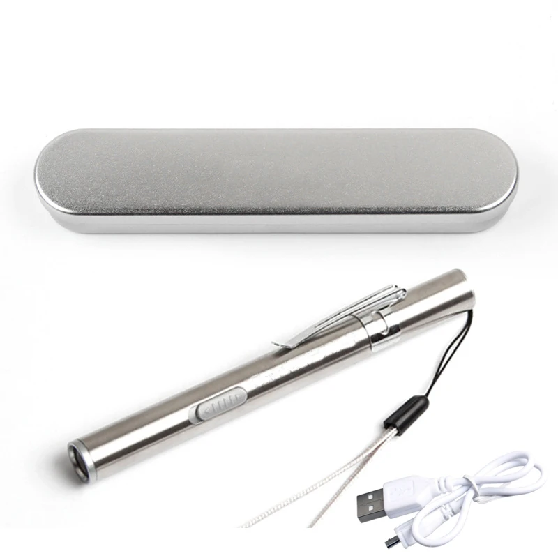 Mini LED Pen White Light Flashlight Stainless Steel Rechargeable With Usb Cable