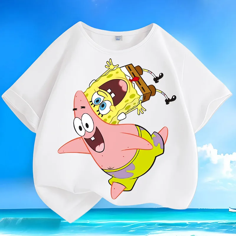 SpongeBob SquarePants Summer New Cotton Boys and Girls Short Sleeve Round Neck Loose Trendy Casual Top T-shirt