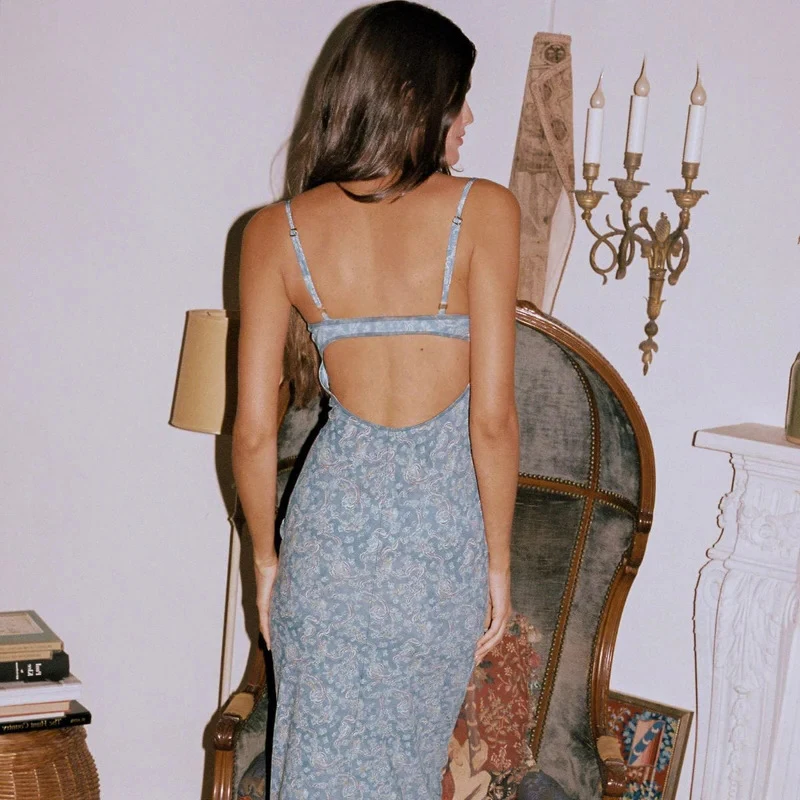 セクシーなスパゲッティストラップ背中の開いた花柄マキシドレス女性ローカットスリムフィットパーティー Vestido 2025 夏原宿 Y2K 服