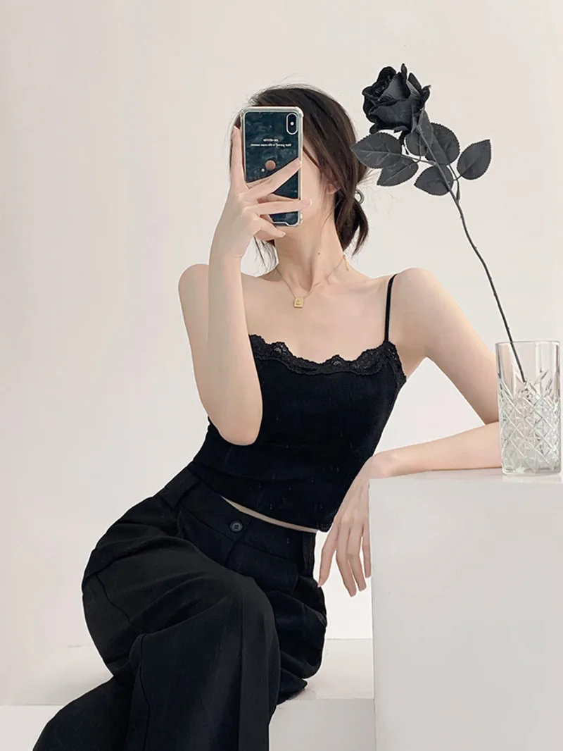 Pizzo Patchwork dolce stile piccante gilet fionda estate delle donne nuovo collo basso sottile Sexy esterno indossando solido Top corto F116