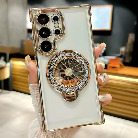 Luxury Plating Airbag Shockproof Case For Samsung S25 Ultra S24 Plus S23 S22 S21 S20 FE For Magsafe Rotating Gyro Bracket Cover
