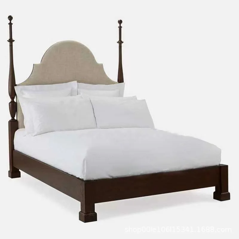Solid wood retro high-back soft bag fabric Roman column cotton and linen bedroom hotel homestay double princess bed