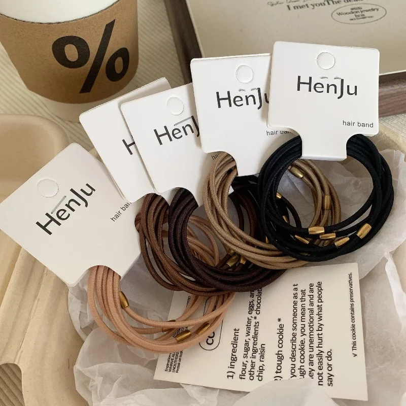 5Pcs High Elasticity Thin Hair Ties Black Brown Basic Ponytail Holders Metal Connector Elegant Strong Grip No Damage for Girls